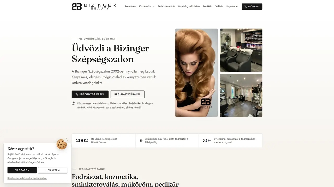 A bizinger.hu szépségszalon főoldala